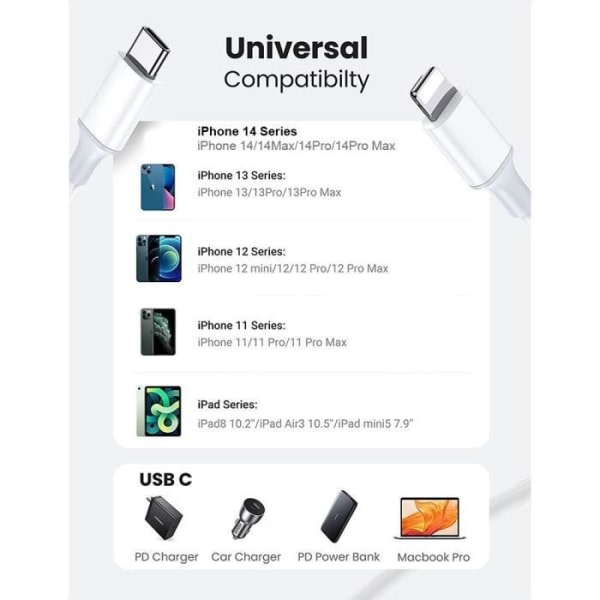 CQBB 3 x USB-kabel til iPhone 14 Pro - 14 Plus -14 ProMax -14 Type-C til Lightning - 1 meter hvid