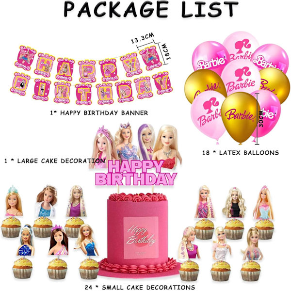 Barbie-Prinsessa Födelsedagsdekorationsset, 44 st Cartoon Tema Party Ballonger Kakdekoration, Banner Ballong Kakflagga för Rosa Födelsedagsdekoration