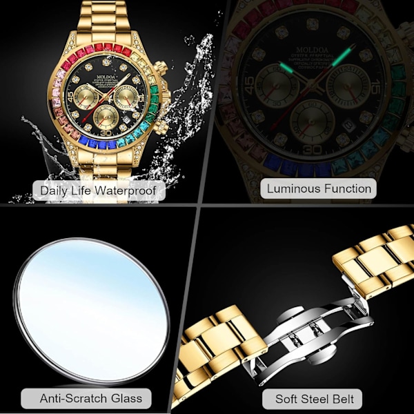 Casual Klocka för Män Kvarts Mode Rostfritt Stål Armbandsur Luminous Analog Armbandsur Vattentät Datum Kalender Klocka Guld B Gold B