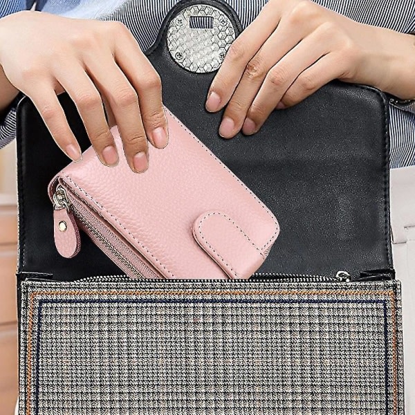 SQBB Korthållare plånbok för kvinnor/män, liten läder dragkedja Kortfodral case med ID-fönster, 11*8*4cm Rosa