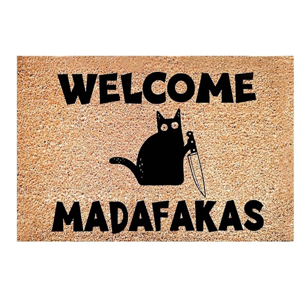 Sort kat velkommen Madafakas Full Print Dørmåtte Sjov Dørmåtte Hjemmeindretning Køkken