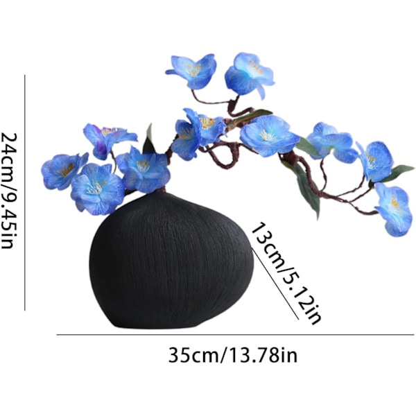 Keramisk blomkruka – geometrisk formarrangemang, vit dekorativ kruka för mantel, bokhylla Svart vas + blå körsbärsblommor
