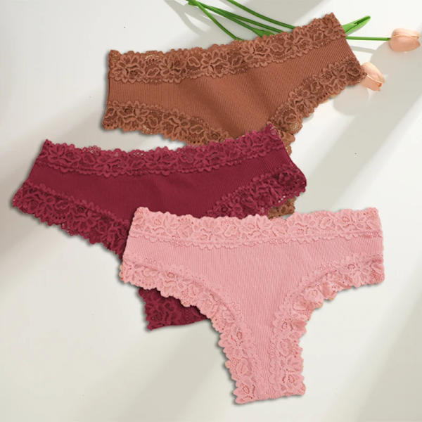 3st/set Bomull brasilianska underkläder för kvinnor Sexiga spetsribbade blomstringtrosor Kvinnliga Andas Solid T-back Bikini S- SET 4 XL