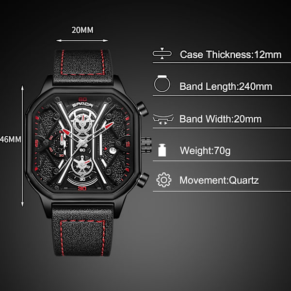 Herrar Business Rostfritt Stål Klocka Luminous Analog Armbandsur Multifunktionell Chronograf Klocka Mode Kvadratisk Klocka Svart Röd A Black Red A