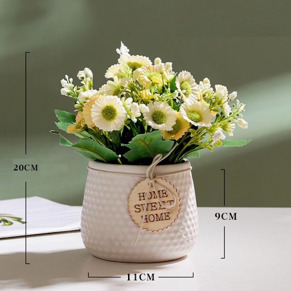 Simulerte grønne planter hjem innendørs nordisk stil liten tusenfryd simulering blomst keramikk potteplante (gul blomst hvit potte)