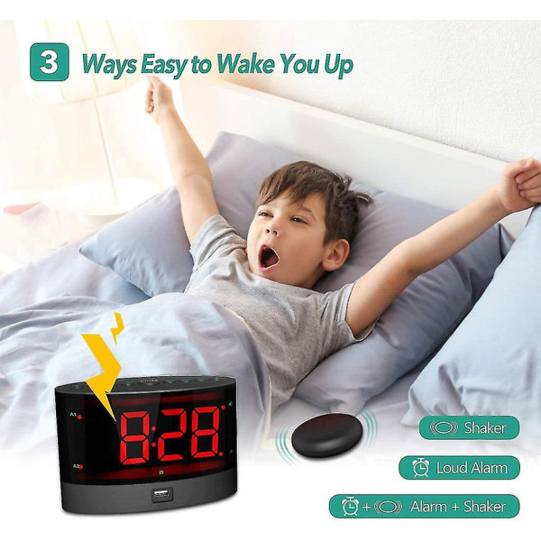 Hög väckarklocka med trådlös sängshaker, vibrerande dubbel väckarklocka för tunga sovande, döva och hörselskadade SQBB