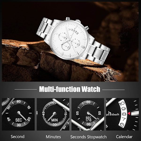 Mænds Analog Kvarts Forretningsure Lysende Vandafvisende Armbåndsur Dato Kalender Ur Chronograph Rustfrit Stål Rem Ur Sølv/Hvid Silver/white