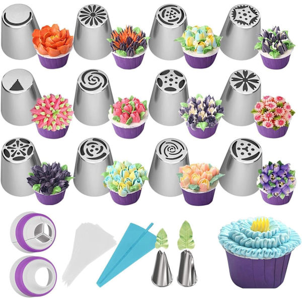 Cupcake glasursett - Kakedekorasjonstips, glasurposer | Med konditorpose kakedekorasjonstips for glasur kaker 27 st-tpu premiummodell