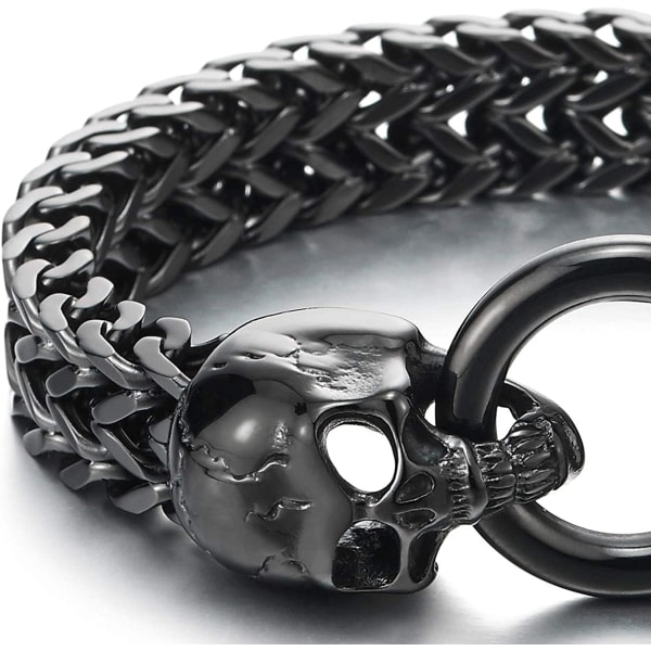 Gothic Herrskalle i rostfritt stål Franco Link Curb Chain Armband med fjäderringlås 8,5 tum Svart