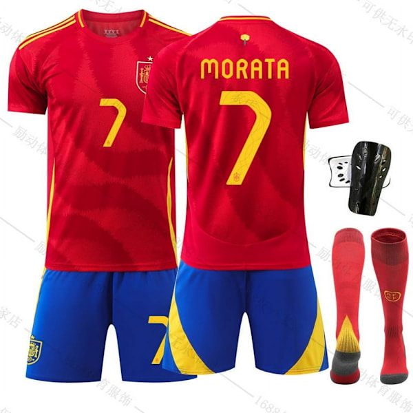 2024 Spanske Hjemme Europacup Fotballsett Jersey Nr 7 Morata 9 Kanada 19 Amal nr.7+sokker+beskyttelsesutstyr no.7+socks+protectivegear #xs