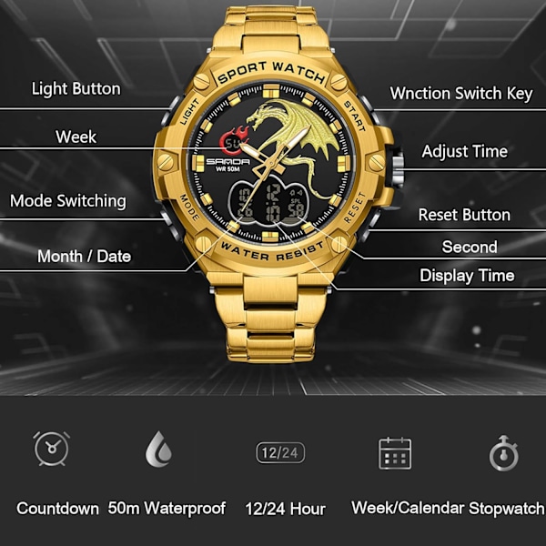 Herrar Dubbel Display Klocka 5 ATM Vattentät Digital Analog Militär Rostfritt Stål Svart Guld black gold