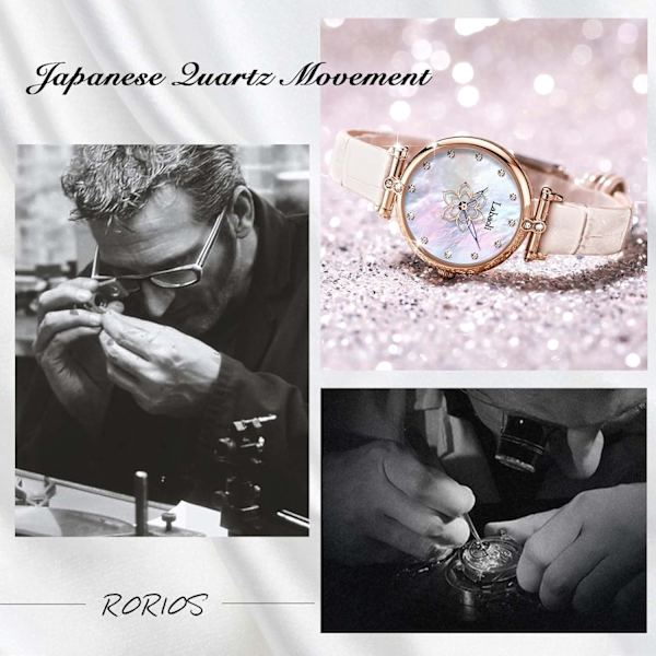 Naisten Analogi Quartz Vedenkestävä Rannekello Elegantti Timantti Rannekello Helmiäisäpintainen Kello Kukallinen Nahkaremmi Kello, Aprikoosi, L