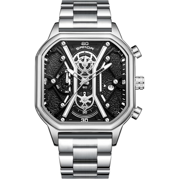 Herrar Business Rostfritt Stål Klocka Luminous Analog Armbandsur Multifunktionell Chronograf Klocka Mode Kvadratisk Klocka Svart Silver C Black silver C