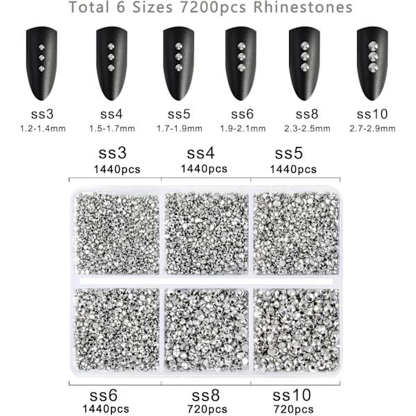 7200 st Flatback Rhinestones för Hantverk, Silver, Blandade 6 Storlekar med Vaxpenna-Set, SS3-SS10 Silver Hematite 6 Sizes/7200pcs