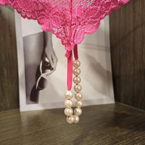 Sexig Spets Underkläder Kvinnor Bakre Bogbyxor Kvinnor G-String T-Back Thong Transparent Underkläder Söt Med Pärlor KL107Rosa En Storlek