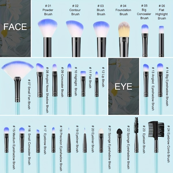 Professionelt 30-delt sæt, 24-delt makeupbørste sæt & 2-delt trekant fløjls pudderpuf blød kosmetik & 1-delt makeupbørste rengøringsmiddel silikone sort