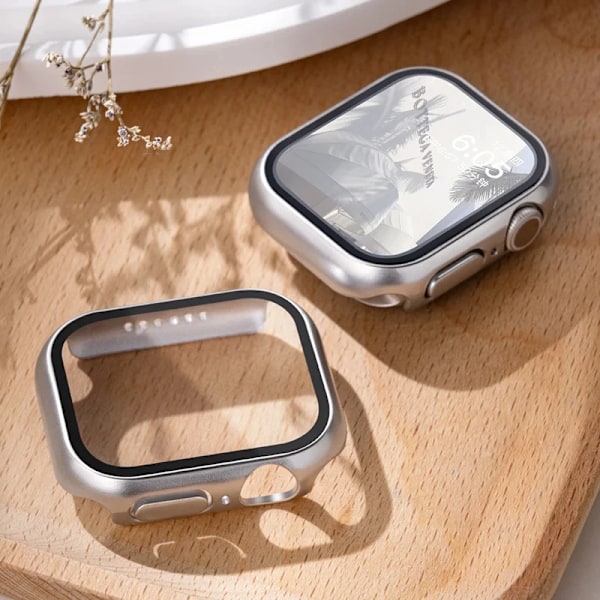 Härdat glas+ cover för Apple Watch Case 45mm 41mm 44mm 40mm 42mm Skärmskydd Apple Watch Tillbehör serie 9 4 5 6 SE 7 8 Silver 17 Series 123 42MM