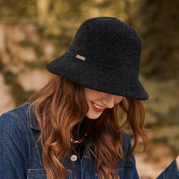 Dames varm uld Cloche hat enfarvet vinterhink hat, sort
