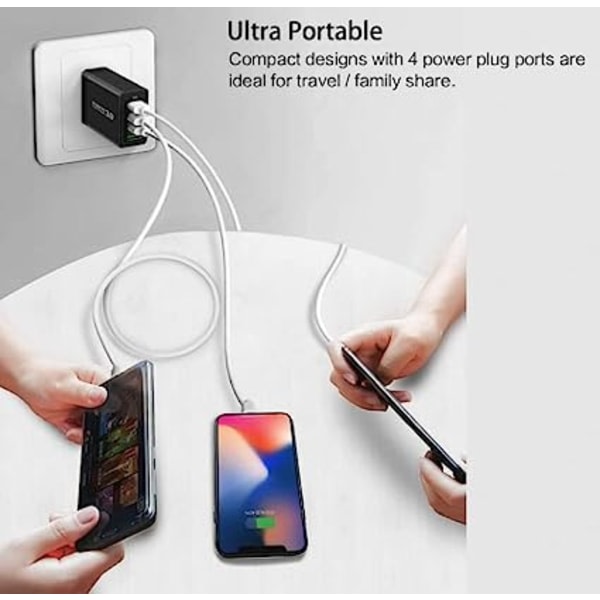 Svart 33W USB-lader QC 3.0 4-porters USB-lader Flere USB-ladere Kompatibel med iPhone 12/13/11/Samsung S22/S21/S20/Xiaomi/Huawei/OPPO/OnePlus et