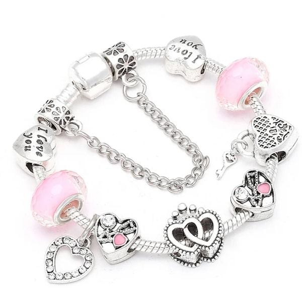 Baopn Europæisk Rosa Hjerte Til Hjerte Perler Charm Armbånd Til Kvinder Fit Mærke Armbånd & Bangle Par Smykker Dropshipping Pink 16cm