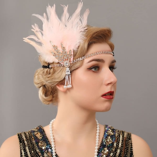 CQBB 1920-talsklafffjäderpannband Art Deco Great Gatsby ，Headpiece Inspired Leaf Medallion Pearl Pannband för kvinnor och flickor (rosa guld)