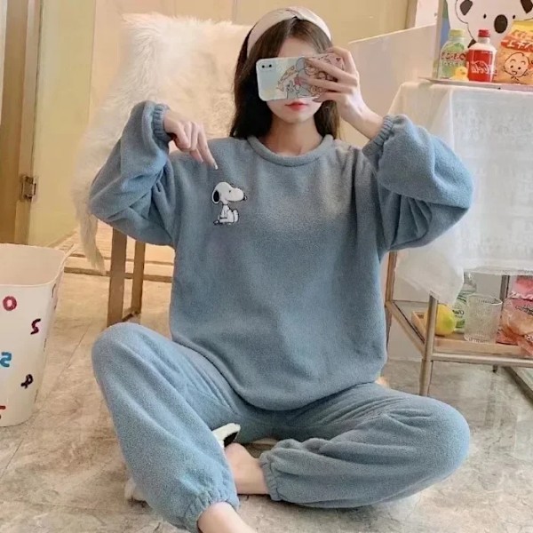 Gränsöverskridande höst vinter flanell förtjockade kvinnors söta tecknade casual långärmad pullover pyjamas set hem kläder ins 13.5 snoopy l