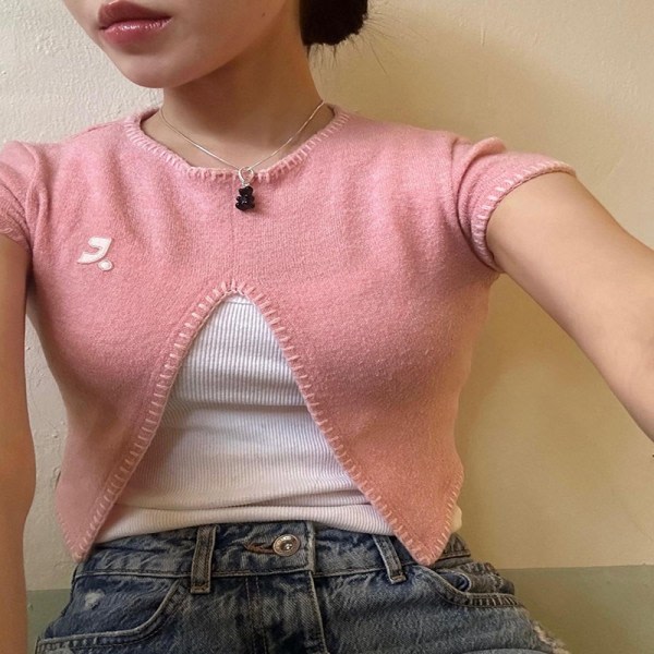 Taeyeon Med Broderi Split Kort Kortärmad T-Shirt Rosa SQBB
