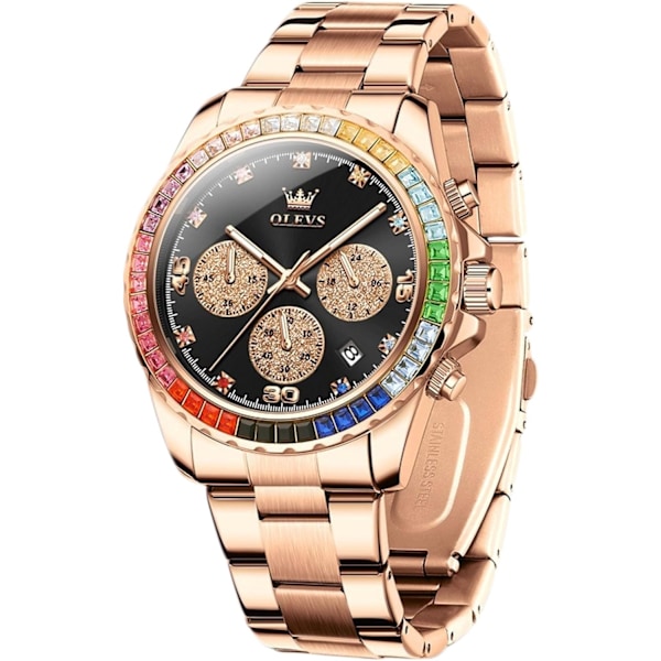 Modearmbåndsur Elegant Multifunktionelt Ur Analogt Kvartsur Diamant Rustfrit Stål Armbåndsur Kronograf Lysende Ur Rosenguld Sort Rose gold black