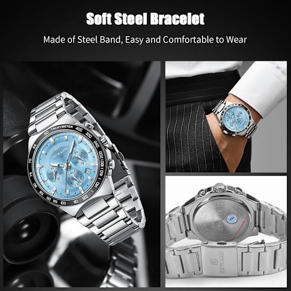 Klassisk armbåndsur i rustfritt stål, elegant herreur, multifunksjonelt minimalistisk ur, analogt kvartsur, motelysende klokke med menn Blå Blue