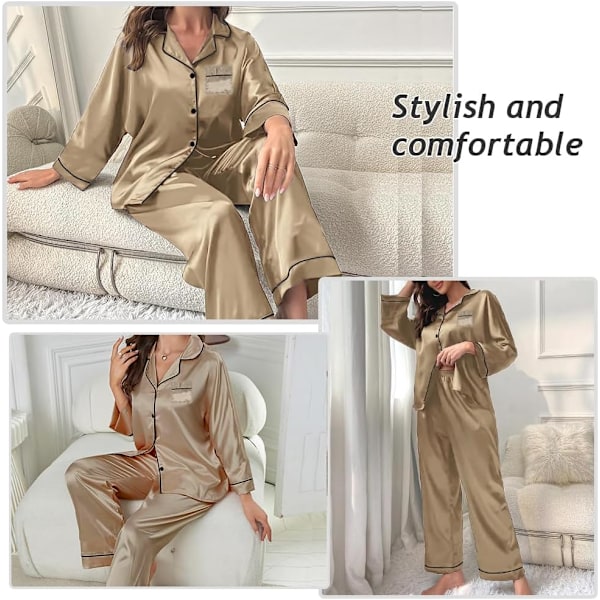 Dam Silkespyjamas Set, Långärmad Satinpyjamas, Mjuk Brudnattkläder Set Champagne L