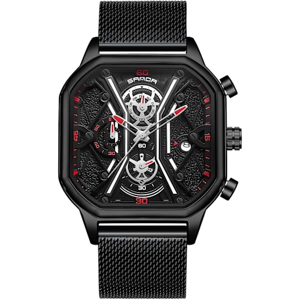 Mænds Forretningsur i Rustfrit Stål med Luminous Analogt Urværk, Multifunktionel Chronograph Ur, Mode Kvadratisk Ur, Sort Rød B Black red B