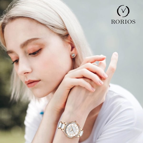 Elegant Analog Kvarts Armbåndsur til Kvinder med Glimtende Diamant Urskive - Kjoleur i Keramik og Rosaguld Rustfrit Stål - Rosaguld Rose gold