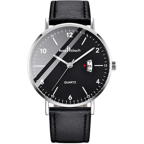 Herrarmbandsur Vattentätt Analog Kvartsur för Män Casual Luminous Watch Enkel Design Armbandsur Datumkalender Klocka, Silver Svart a, L