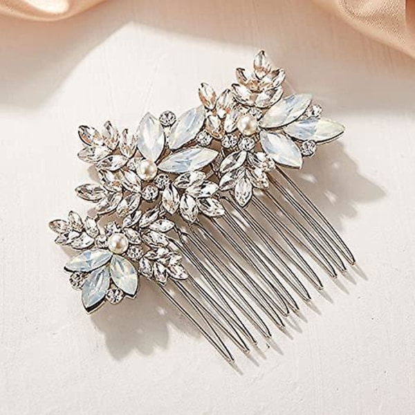 Opal kristall hårkam Brudhårstycken Retro brudhårklämmor Bröllopshårtillbehör för brudar och tärnor (silver)