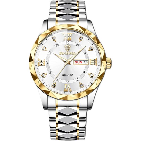 Miesten Elegantti Kvartsi Rannekello Klassinen Ruostumattomasta Teräksestä Valmistettu Miesten Kello Timantti Vedenkestävä Kello Monitoiminen Liikekello Miehille Kulta Valkoinen A Gold white A