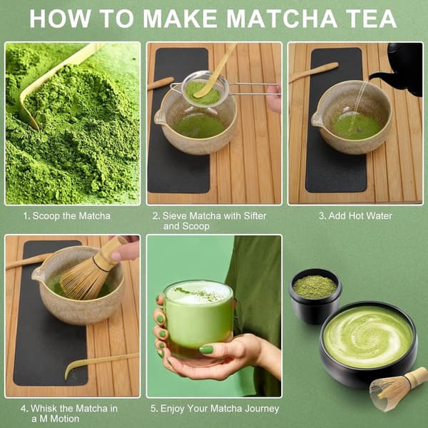 Bambus Matcha Piskeris Sæt, Håndlavet Chasen Med Teske, Teske Og Tesigte, Til Matcha Tilberedning, 11 cm, 4-Dele