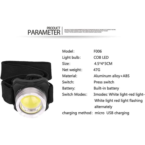 USB Pannlampa, Cob Super Bright Pannlampa Uppladdningsbar ficklampa Pannlampa Running Camping