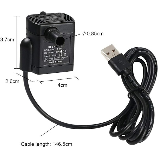 Nedsænkelig vandpumpe, akvariepumpe Justerbar 200L/H 3W Ultra-lydløs Catit USB-pumpe til dam Fish Tank Fountain Fish T