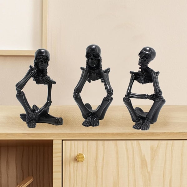 Harts Halloween Skelet Figurer Sæt - 3 St Uhyggelige Sorte Statuer, Stue, Soveværelse Dekoration 1 set