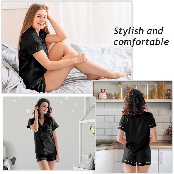 Naisten Silkki Pyjamasetit, Klassinen Pitkähihainen Satiini PJs, Pehmeä Kaksiosainen Yöasu Morsiamille Black M