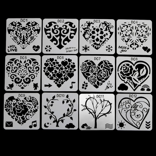 SQBB 12:a Blomma Hjärta Molds Plast Barn Måla Stencils DIY Paper Ar