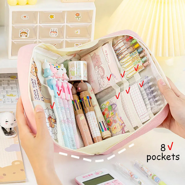Kawaii Pennfodral Stor Kapacitet Dragkedja Väska För Flickor Japanska Koreanska Skolor Kontor Leveranser Svart