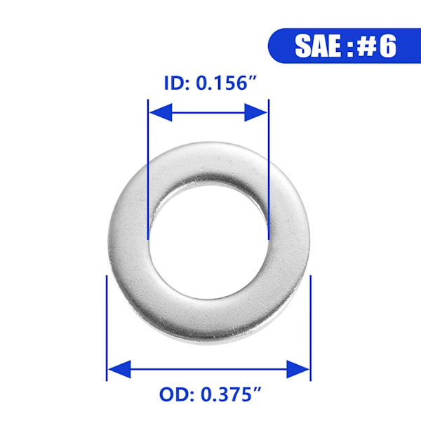 #6 x 0,375\" OD Flatpakninger - 100 stk 18-8 (304) Rustfritt Stål Flatpakninger Silver #6/304