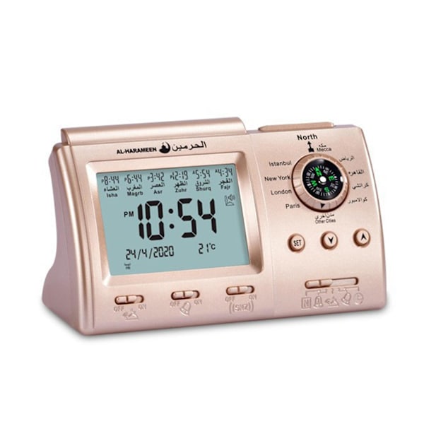 Multifunksjonell klokke med Adhan-alarm, Qibla-retning og LED-lys Rose gold