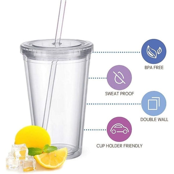 Dubbelväggig plastmugg med lock och sugrör, isolerad kaffemugg, 500 ml, transparent