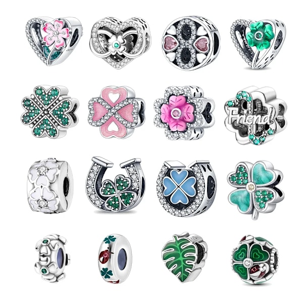 925 Sølv Grøn Firkløver Rosa Stjerne Fit Pandora Original Armbånd Charm Perler Halskæde Diy Kvinde Smykker SMC3678