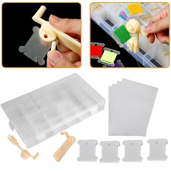Broderigarn Organizer Boks Melkehvit Korssting Plast Spoler Manuell Viklingsmaskin