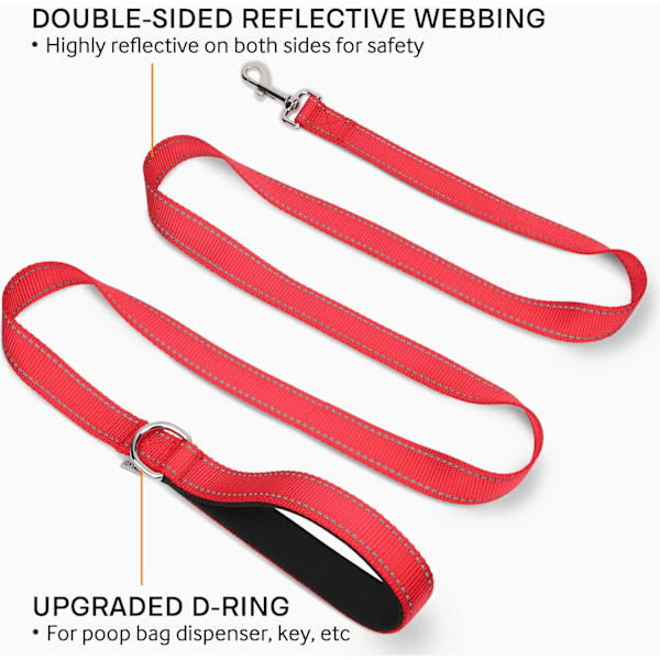Reflekterende Hundeleie, Polstret Håndtak Nylon, 6FT Rød for Mellomstore & Store Hunder Red 6 ft Standard