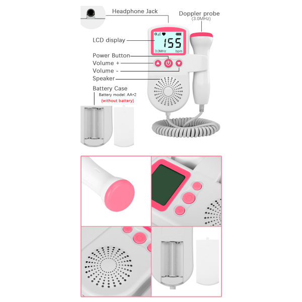 Pink Home Fetal Doppler, Baby Pocket Heartbeat Doppler Hjertemonitor til Graviditet og Test Clear