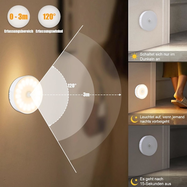 14 LED Bevægelsessensor Natlampe, 3-pak, USB Genopladelig, 3000K Varmt Hvidt Warm White 3 Pieces